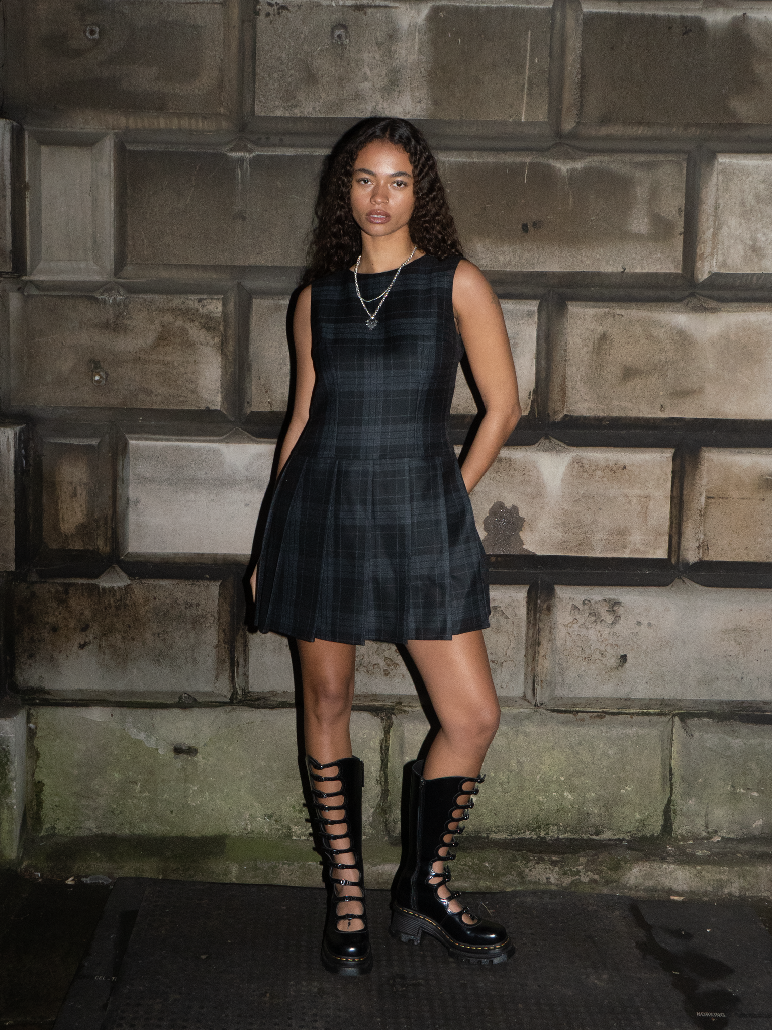 FOUR-PLAY STUDDED TARTAN DRESS - BLACK