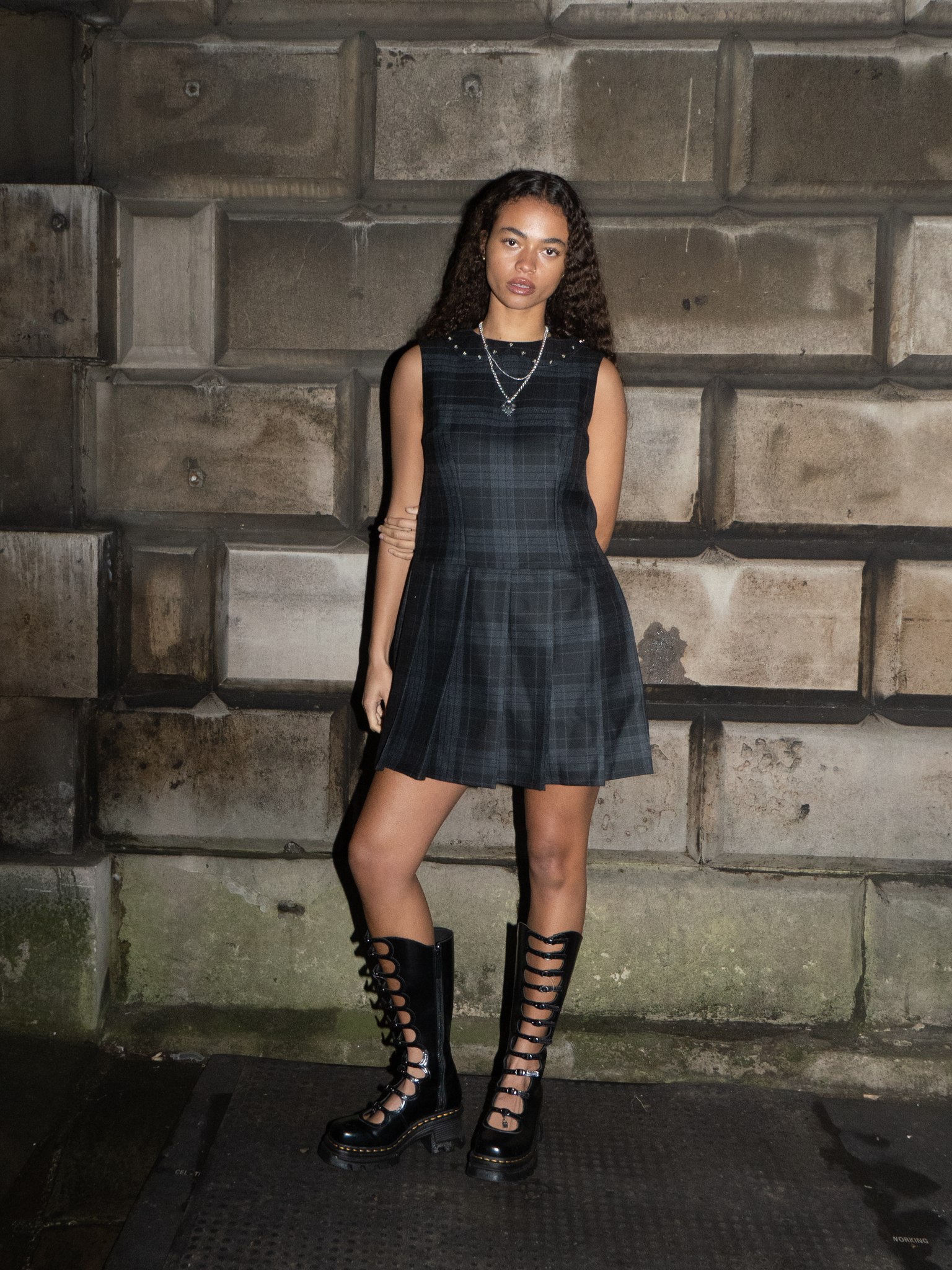 FOUR-PLAY STUDDED TARTAN DRESS - BLACK