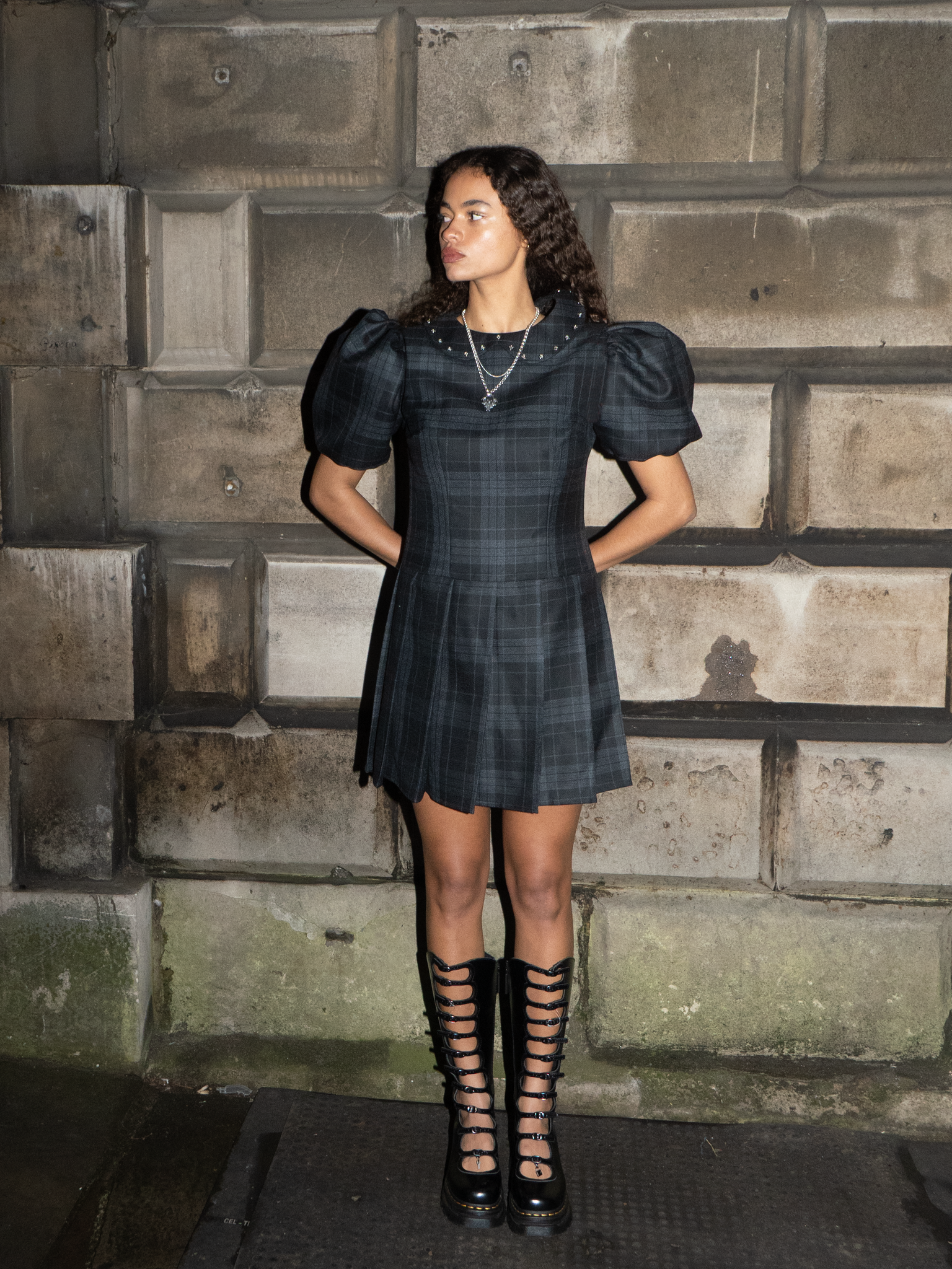 FOUR-PLAY STUDDED TARTAN DRESS - BLACK