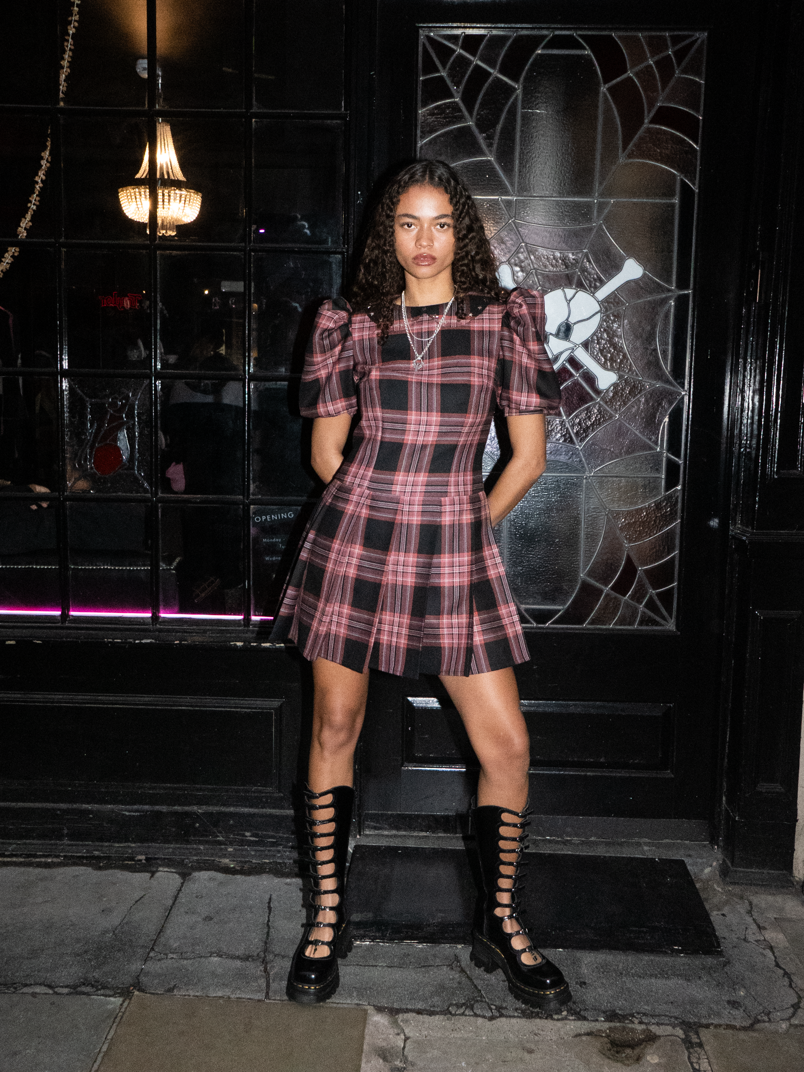 pink tartan dresses Hevoria Mini Dress in Basic Tartan Pink , Pleated , V Neck