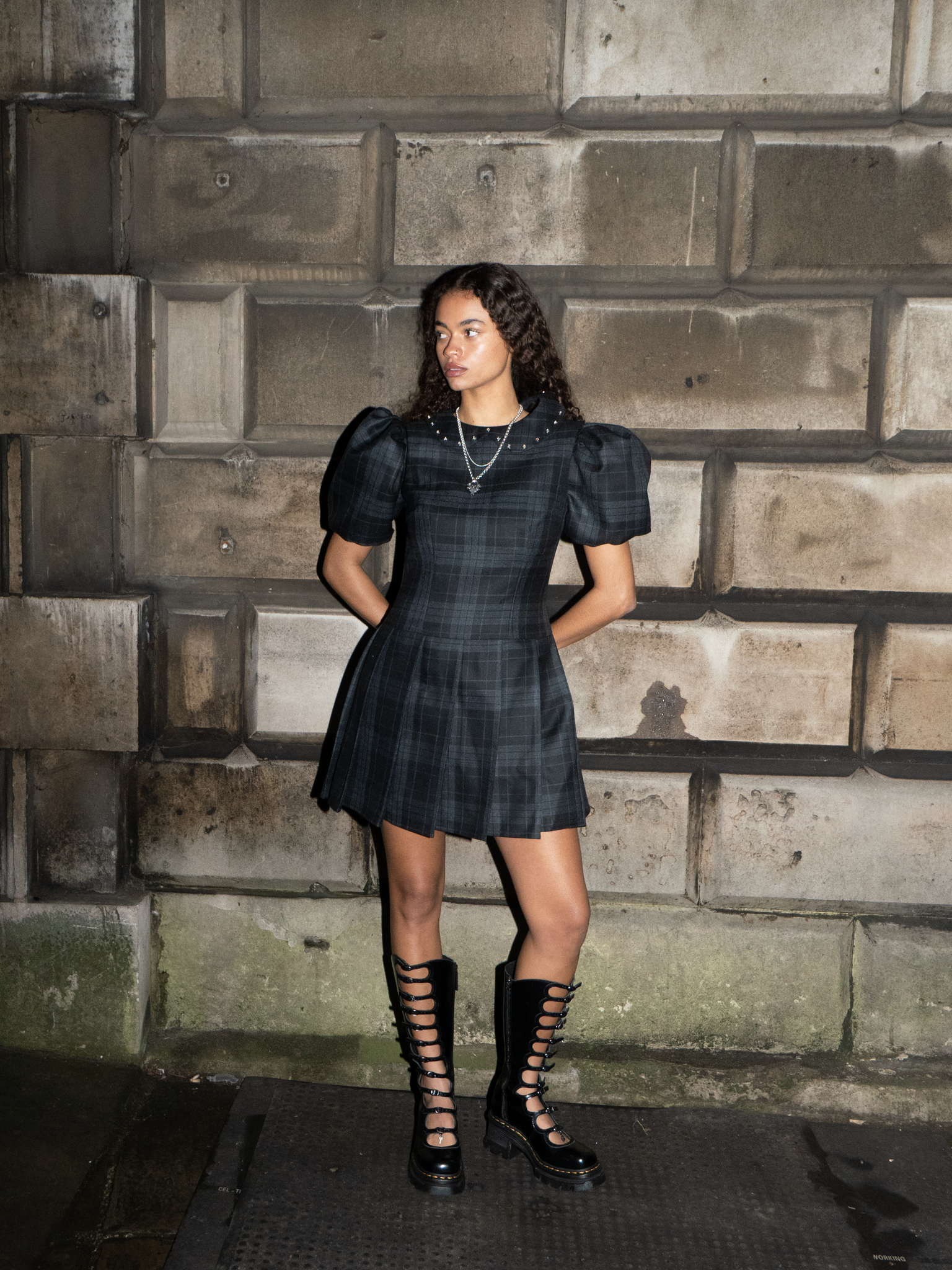 FOUR-PLAY STUDDED TARTAN DRESS - BLACK